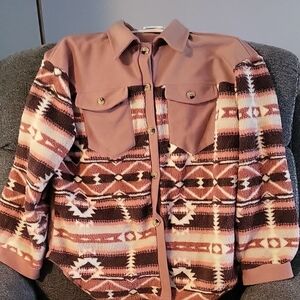 Brown and Pink Utility Jacket with Geometric Pattern